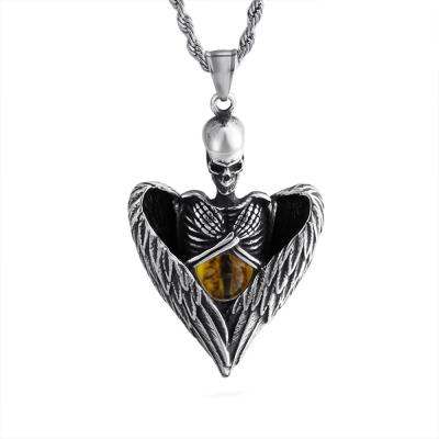 China Men's Retro Heart Large Angel Wing Stainless Steel Plated 18k Gold Silver Skull Pendant for sale