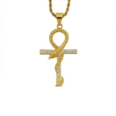 China TRENDY Religious Cross Key Chain Christian 24K Gold Plated Stainless Steel Jewelry Snake Pendant Necklaces for sale