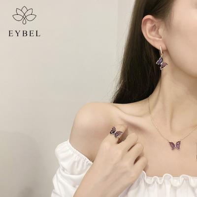 China Office/Career Fashion Jewelry Trend 2021 Cins Clavicle Chain Necklaces Luxury Earrings Rings Purple Copper Alloy Butterfly Jewelry Sets for sale