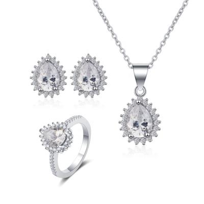 China Water Sliver European and American Sterling Jewelry Sets S925 Sterling Career Office/Drop Shaped Three Piece Set Necklaces Rings Earrings for sale