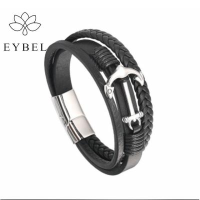 China Punk Genuine Leather Friend Woven Bracelets And Fashion HIP Hop Jewelry Fashion Gift Anchor Magnet Stainless Steel Men Bracelets for sale