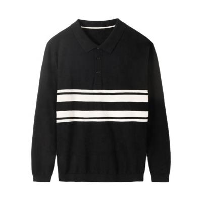 China Anti-Wrinkle Fashion Spring Trend Lapel Black Thin Contrast Stripe Combed Cotton Knit Custom Men's POLO Shirt Long Sleeve for sale