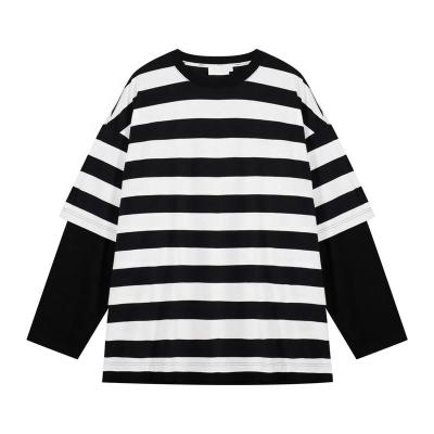 China Japanese casual men's heavyweight two-piece black and white striped faux round neck long sleeve t-shirt QUICK DRY for sale