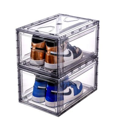 China Foldable Acrylic Stackable Magnetic Fashion Shoe Box Display Basketball Sports Plastic Shoe Box Storage Box for sale