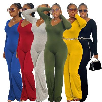 China A1439 Anti-Static - Fit Casual Long Sleeve Solid V-Neck Flare Women Jumpsuit for sale