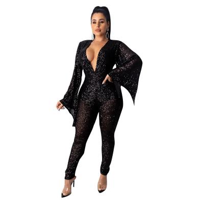 China Breathable Sequined Deep V-Neck Wide Sleeve Tight Jumpsuit in Transparent Champagne and Black for sale