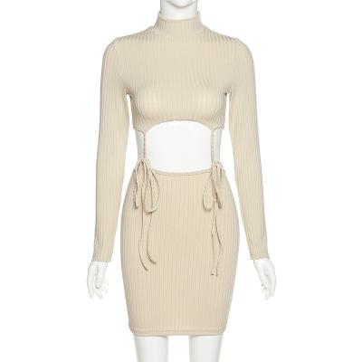 China 2021 Breathable Women Bandage Sling Dress Full Sleeve Cavity Ribbed Bodycon Elastic Waist Turtle Neck Streetwear Fashion Casual Outfits for sale