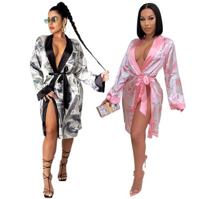 China Chest 2021Cardigan Breathable Nude Silver Printed Sleepwear Women Pajamas Long Dress With Belt for sale