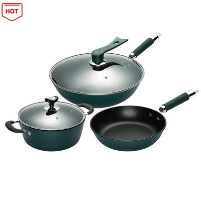 China 2022 Sustainable Professional Durable Cooking Kitchen Cookware Set Frying Pan With Non-Slip Handle Safe for sale