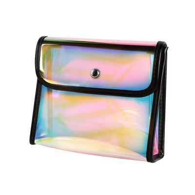 China Large Durable Custom Waterproof Makeup Bag Thicken Transparent TPU Laser Bag Cosmetic Pouch With Button for sale