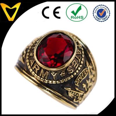 China Stainless Steel Military Ring 18K Gold Coated Stainless Steel Men's US Army Ring Red Ruby CZ, Stainless Steel USA Military Ring for sale