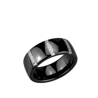 China 8mm STAINLESS STEEL CASUAL / SPORTY RING CERAMIC BLACK CZ BAND ETERNITY CNC WEDDING RING for sale