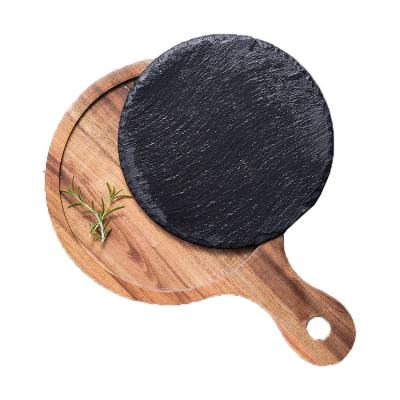 China Sustainable Acacia Wood and Slate Tableware Dessert Bread Deli Cheese Cutting Tray Natural Black Board for sale