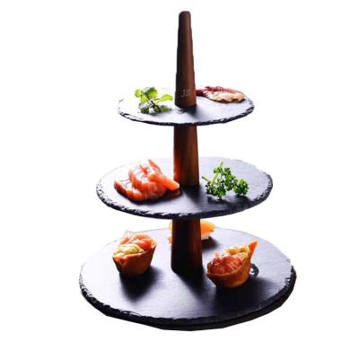 China Sustainable Hot Selling Natural 3 Layer Slate Cake Stand Wedding Slate Tower Cheese Board with Wooden Stand for sale