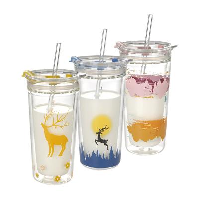 China Viable cartoon straw cup glass with lid juice milk cup double layer mug wholesale for sale