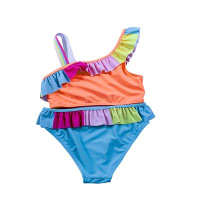 China Breathable Julysand two pieces cute and chic toddler rainbow color stitching with ruffles girls beach wear for sale