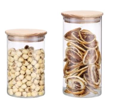 China Who respects the environment; Storage Airtight Design Keep Food Lid Round Shape Borosilicate Glass Storage Jar Fresh Wooden Food Container for sale