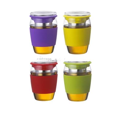 China Newest Sustainable 450ml Silicone Sleeve Tea Cup Glass Coffee Mug With Glass Lid for sale