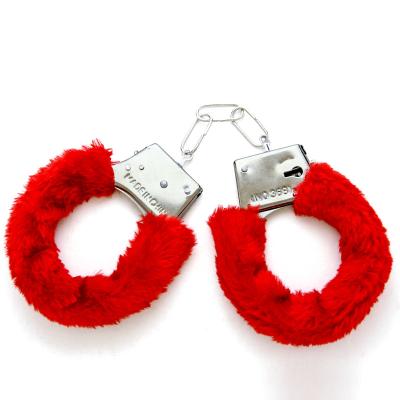 China Comfortable Fluffy Hairy Handcuffs Metal Head Wrist Slaps For Cosplay Costume BDSM Party Bondage for sale