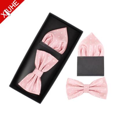 China Dot Custom Luxury Dot Bow Ties 100% Polyester Jacquard Woven Bow Ties Handkerchief Sets Pink Polka Dot for sale