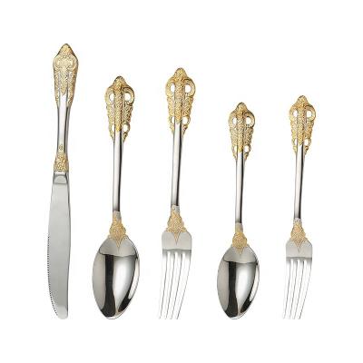 China 60 Pieces Real Gold Plated Cutlery Stocked Teaspoon With Embossing Design Hotel Flatware Set Restaurant Dinnerware for sale