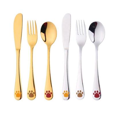 China Viable 3pcs Cartoon Pattern Carving Kids Cutlery Set, Gold Kids Flatware 304 Stainless Steel Spoon Knife Fork Baby Silverware Set for sale