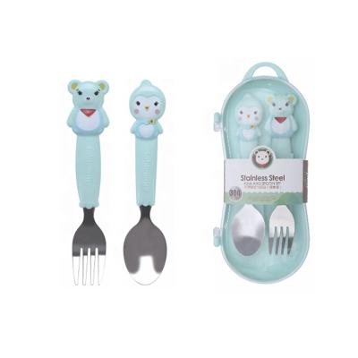 China Sustainable Portable Kids Cutlery Set Stainless Steel, 2 Pieces Cute Cartoon Baby Spoon And Fork Set Kids Flatware With Safe for sale