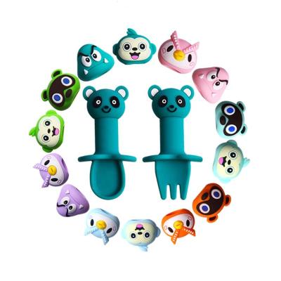 China Self Viable Toddler Utensils Owl Penguin Monkey Feeding Bird Cute Design Baby Tableware Silicone Fork Spoon Cutlery Set for sale