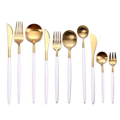 China Cutipol white and gold stocked goa set of flatware, 5pcs flatware with resin handle for wedding party rentals for sale