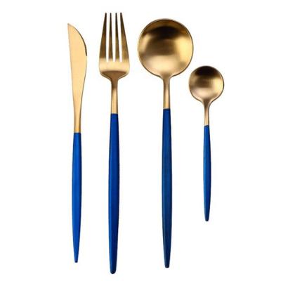 China Matte Stocked 4pc Brushed Navy Blue and Gold Flatware Set for Christmas Party Rentals, Cutipol Goa Flatware Silverware with Gift Box for sale