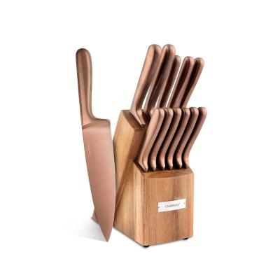 China Sustainable High Carbon Steel Blade 12 Piece Kitchen Cutlery Thriple Rivets Hollow Handle Copper PVD Coated Knife Block Set for sale