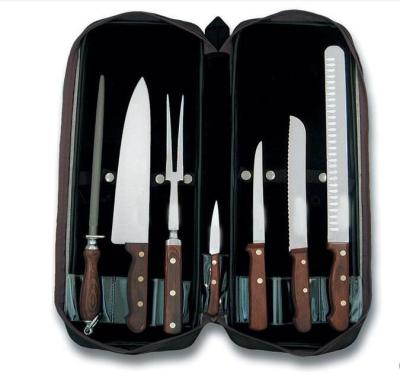 China Sustainable 7 Piece Portable Professional Wooden Barbecue Set Outdoor Swiss Army Knife With Carry Case for sale