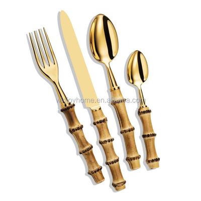 China Sustainable Rose Gold Shape Stainless Steel Flatware Set Handle Bamboo Flatware 24 Pieces for sale