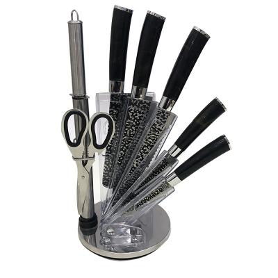 China Sustainable Hot Sale 7-Piece Stainless Steel Kitchen Knife Set Best With Scissors And Knife Sharpener And PP Stand In Black Color for sale