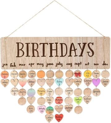 China Eco-Friendly Family Wall Hanging Birthday Calendar Board With Circle 50 Wood Heart Tags Birthday Reminder Tracker Wooden Plaque for sale