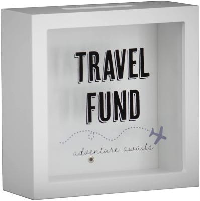 China Rustic White Funds Bank Wooden Saving Box With Customized Design Coin Bank For Baby Gift for sale