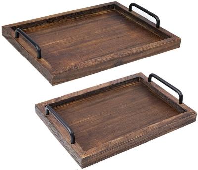 China Eco-Friendly Dark Walnut Brown Wooden Food Serving Tray Decorative Wooden Tray With Gold Metal Handles for sale