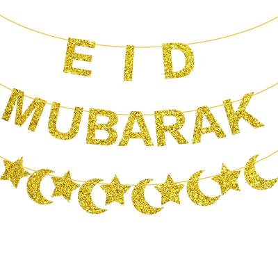 China EID MUBARAK Banners Glitter Laser Gold Eid Star Moon Ramadan Banners Paper Set for sale