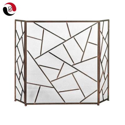 China Hot Selling Antique Brown 3 Panel Metal Fireplace Screen Folding Fireplace Accessories for sale