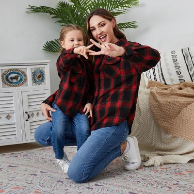 China Family Breathable Outfits Matching Mother Daughter Plaid Shirt Long Sleeve Lapel Business Casual Work Top Shirt Multicolor Stain for sale