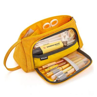 China High Quality Durable Large Capacity Canvas Students Double Layer Pen Box School Pencil Bag Pencil Case With Handle for sale