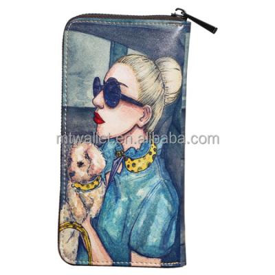 China High Quality Fashion Style Color Print Cartoon Pattern Genuine Cowhide Leather Long Purse For Lady for sale