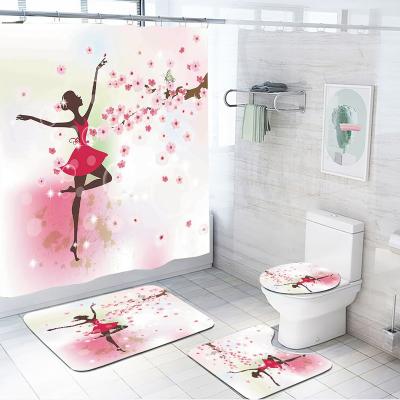 China Sustainable Sweet Sixteen Dress Up Dancing Girl Pink Series Logo Custom Shower Curtain Set For Bathroom 4pcs for sale