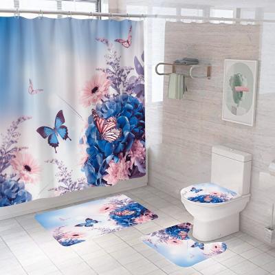 China Viable Pattern Design Cheap 3D Butterfly Cartoon Bath Shower Curtains Liner Sets With Covers Mats For Bathroom 4pcs Set for sale