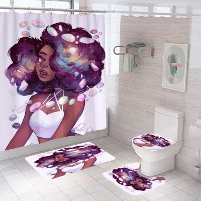 China Sustainable Funny Black Girl Cartoon Waterproof African American Bathroom Set Custom 3D Bathroom Mat Set With Shower Curtain for sale