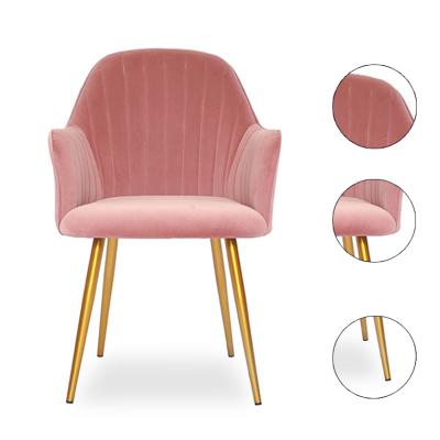 China Comfortable Italian Modern Luxury Furniture Wholesale Gold Velvet Fabric Pink Armrest Dining Room Armchair Dining Armchair With Metal Gold Leg for sale