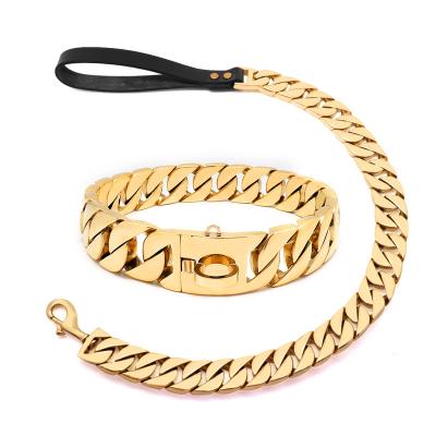 China Gold Dog Collar Padded Stainless Steel Cuban Link Dog Collar Heavy Duty Chain for sale