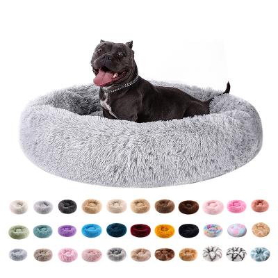 China Long Faux Fur Travel Pet Bed Comfortable Waterproof Plush Donut Round Dog Bed Dropshipping Soft Washable Cat Bed Removable Pet Cushion for sale