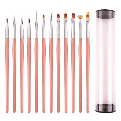 China Popular Custom New Nail Pink 12 Pcs Logo Pink Metal Handle Nylon Coating Nail Brushes Nail Art Brush Set Gel Nail Polish Pen for sale