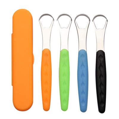 China For Home Use 4 Colors Tongue Scraper Cleaner Brush for Adults Kids Stainless Steel Tongue Brush Metal Tongue Cleaner with Travel Cases for sale